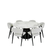 The Fusion 150cm Round Table with a black base is paired with six Titan Chairs in light gray upholstery and black legs, all displayed against a white background.