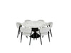 The Fusion 150cm Round Table + 6 Fusion Chairs set features a round white sintered stone table with a black base and six light gray, modern chairs with black legs, all shown on a plain white background.