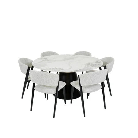 The Fusion 150cm Round Table with a black base is paired with six Titan Chairs in light gray upholstery and black legs, all displayed against a white background.