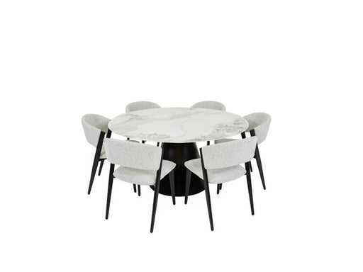 The Fusion 150cm Round Table + 6 Fusion Chairs set features a round white sintered stone table with a black base and six light gray, modern chairs with black legs, all shown on a plain white background.