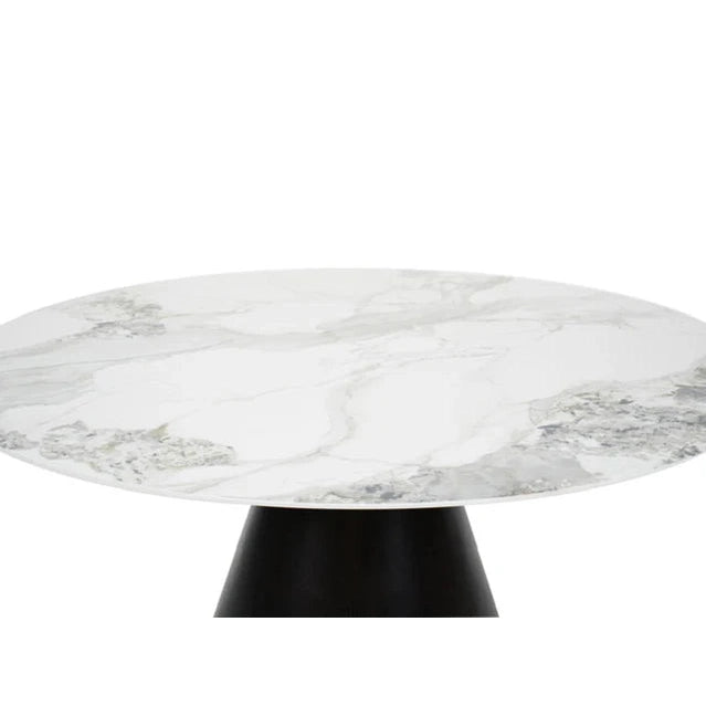 The Fusion 150cm Round Table features a white marble-effect sintered stone top with gray veining and a black conical pedestal base, shown here paired with 6 Titan Chairs against a plain white background.
