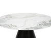 The Fusion Dining Table is a 150cm round table with a white marble top featuring gray veining and a black cylindrical base, shown against a plain white background.