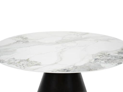 The Fusion Dining Table is a 150cm round table with a white marble top featuring gray veining and a black cylindrical base, shown against a plain white background.