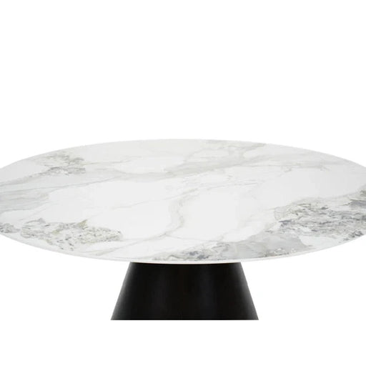 The Fusion Dining Table is a 150cm round table with a white marble top featuring gray veining and a black cylindrical base, shown against a plain white background.