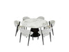 The Fusion 150cm Round Table with a black pedestal base is paired with six light gray Fusion Chairs featuring black legs, all set against a white background.