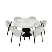 The Fusion Dining Table, a 150cm round marble top with black base, is paired with six light gray upholstered chairs featuring black legs, evenly arranged around the table.