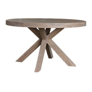 Rustic or farmhouse-style round table with a planked top and four-legged wooden pedestal base.