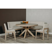 A modern dining nook includes a round wooden table, two matching chairs, and the Falun 2 piece bench with neutral fabric, set against a two-tone brown and gray wall on wood flooring.