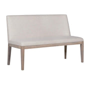 The Falun 2 piece bench features a minimalist design with four legs, a beige upholstered seat, and a matching backrest—ideal for dining rooms or entryways.