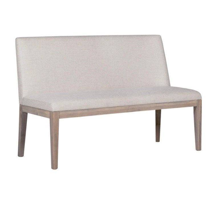 The Falun 2 piece bench features a minimalist design with four legs, a beige upholstered seat, and a matching backrest—ideal for dining rooms or entryways.
