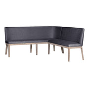 The Falun 2 piece bench is a modern L-shaped dining bench with dark gray upholstered seats and backs, light wood legs, and a minimalist design—an ideal seating solution for any space.