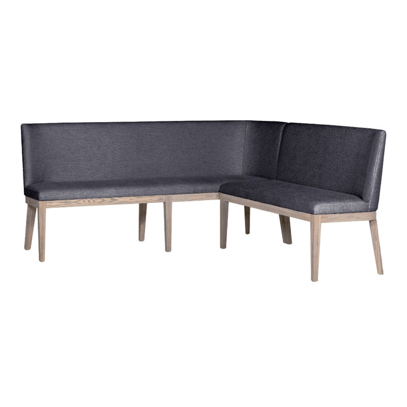 The Falun 2 piece bench is a modern L-shaped dining bench with dark gray upholstered seats and backs, light wood legs, and a minimalist design—an ideal seating solution for any space.