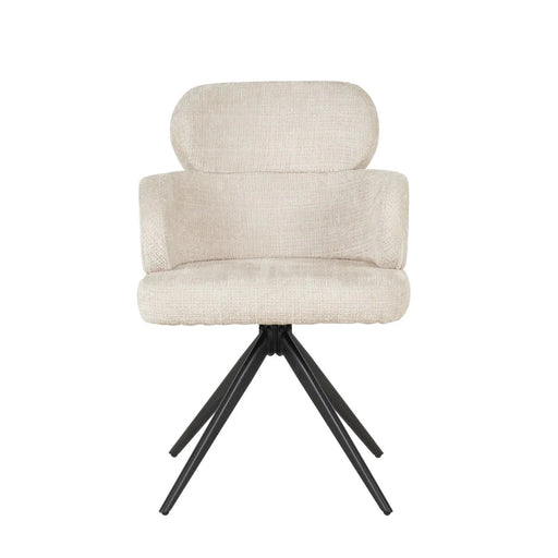 The Orbit Dining Chair features a rounded backrest and seat upholstered in natural fabric, with black metal legs splayed outward in four directions, displayed against a white background.