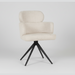 The Orbit Dining Chair features natural beige fabric upholstery, a curved backrest with armrests, and four black metal legs that splay outward for support. Shown against a plain white background.