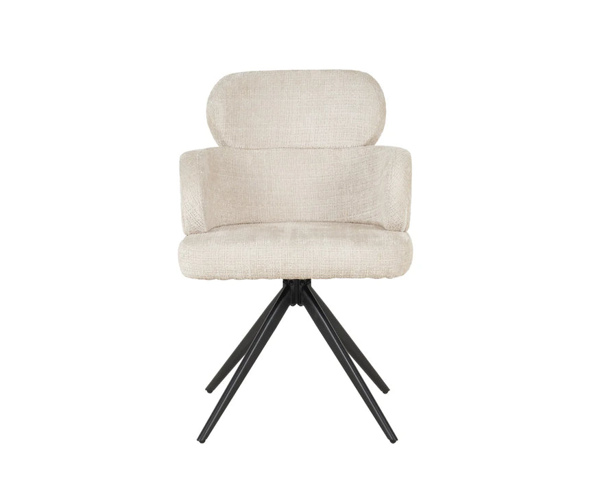 The Orbit Dining Chair features a rounded backrest and seat upholstered in natural fabric, with black metal legs splayed outward in four directions, displayed against a white background.