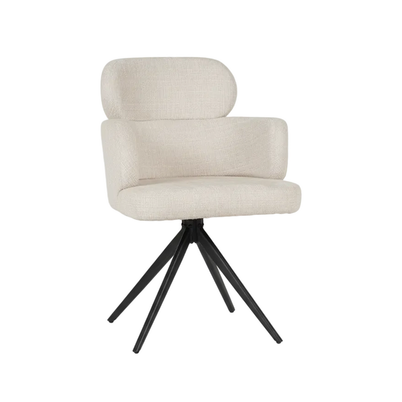 The Orbit Dining Chair features a minimalist, contemporary design with a light beige natural fabric seat, backrest, and armrests. It stands on four angled black metal legs for modern style and sturdy support.