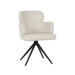 The Orbit Dining Chair features a minimalist, contemporary design with a light beige natural fabric seat, backrest, and armrests. It stands on four angled black metal legs for modern style and sturdy support.