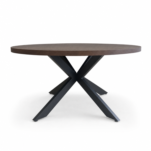 The Olson 1.5 Round Dining Table features a dark brown top and black metal crossed legs, seating six guests. Its striking design stands out beautifully against a white background.