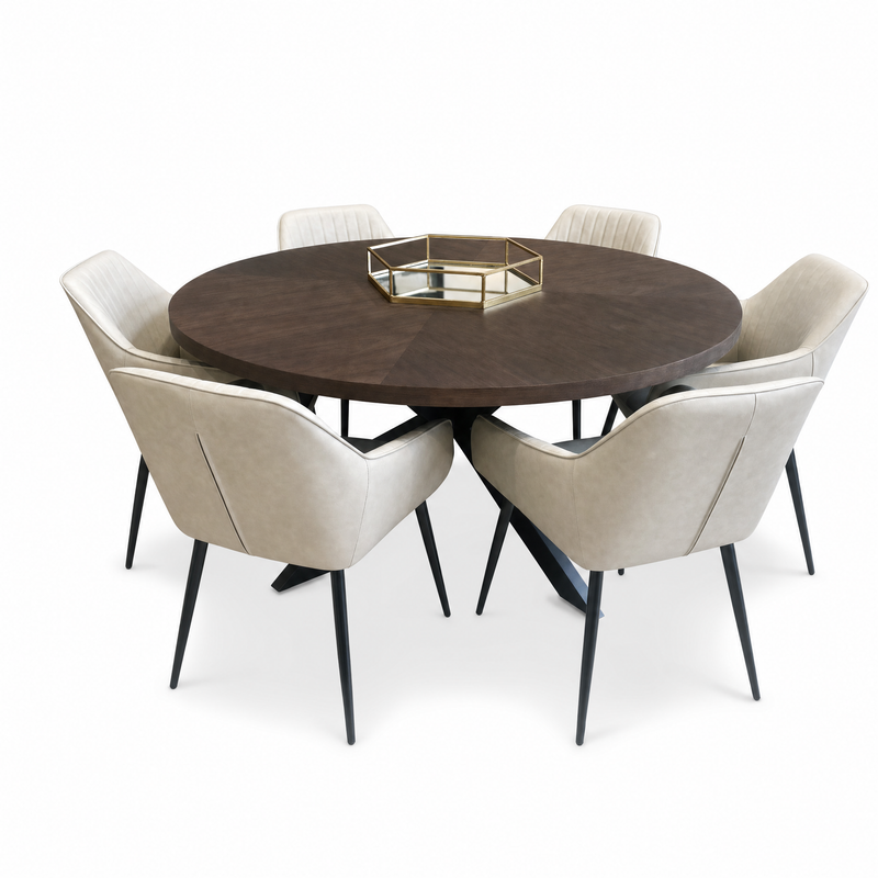 The Olson 1.5 Table with six Enzo beige upholstered chairs, featuring black legs and a gold geometric tray on top, is displayed against a white background.