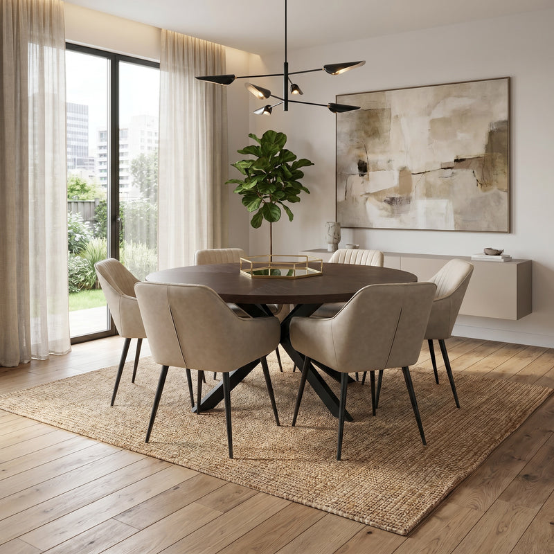 A modern dining room featuring the Olson 1.5 Round Dining Table for six, beige upholstered chairs, a woven rug, abstract wall art, a potted plant, sheer curtains, and large windows that fill the space with natural light.