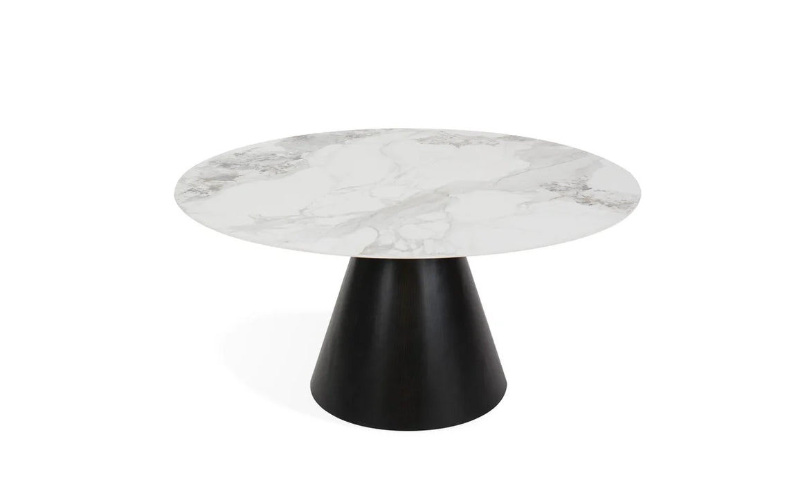 The Fusion Dining Table is a 150cm round table with a white marble top and a wide black conical base, displayed against a plain white background.