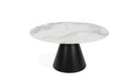 The Fusion Dining Table is a 150cm round table with a white marble top and a wide black conical base, displayed against a plain white background.