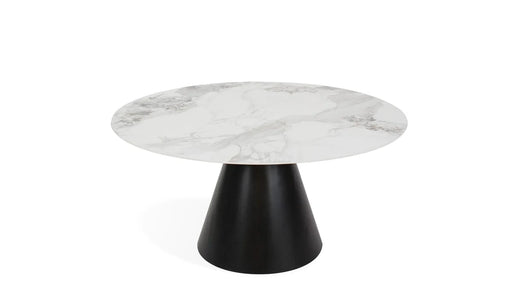 The Fusion Dining Table is a 150cm round table with a white marble top and a wide black conical base, displayed against a plain white background.