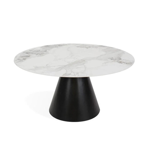 The Fusion Dining Table is a 150cm round table with a white marble top and a wide black conical base, displayed against a plain white background.