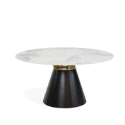 The Fusion Dining Table is a modern 150cm round table with a white marble top, a wide black conical base, and a small gold accent between the top and base, shown against a plain white background.