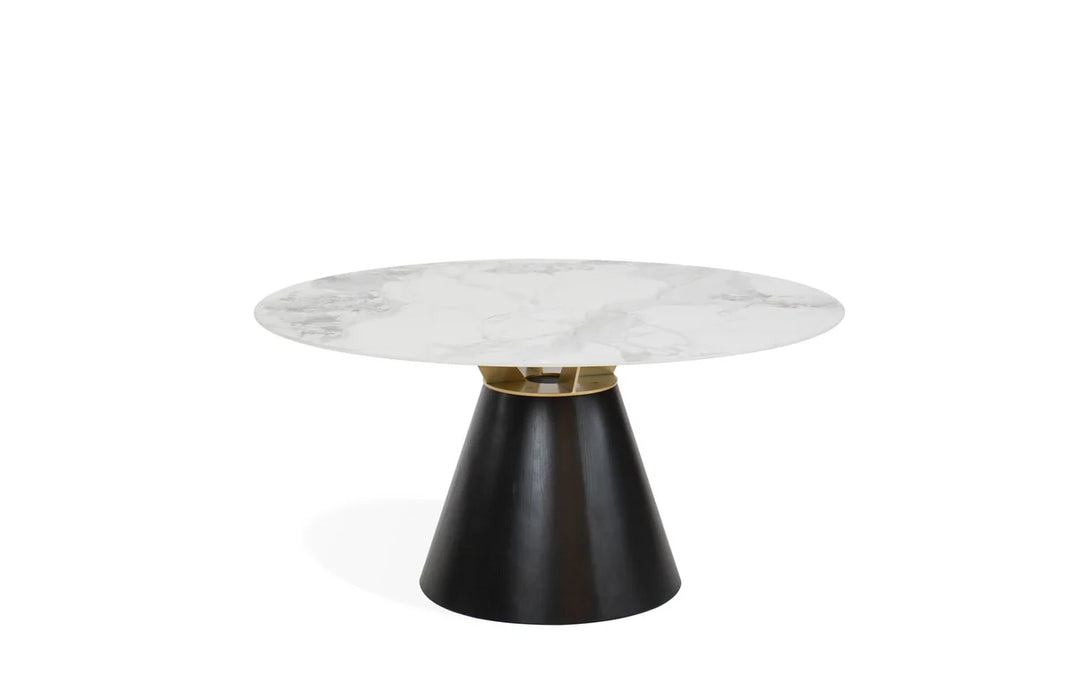 The Fusion Dining Table is a modern 150cm round table with a white marble top, a wide black conical base, and a small gold accent between the top and base, shown against a plain white background.