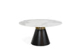The Fusion Dining Table is a modern 150cm round table with a white marble top, a wide black conical base, and a small gold accent between the top and base, shown against a plain white background.