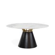 The Fusion Dining Table features a modern 150cm round white marble top, gold accents, and a wide black conical base, set against a plain white background.