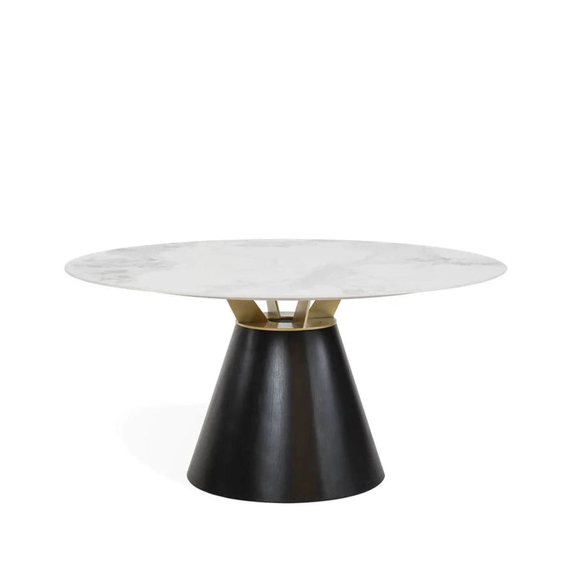 The Fusion Dining Table features a modern 150cm round white marble top, gold accents, and a wide black conical base, set against a plain white background.