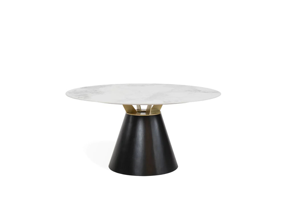 The Fusion Dining Table features a modern 150cm round white marble top, gold accents, and a wide black conical base, set against a plain white background.