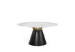 The Fusion Dining Table features a modern 150cm round white marble top, gold accents, and a wide black conical base, set against a plain white background.