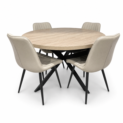 The Dalton Table + 4 Lyra Chairs set features a round dining table with four beige, padded chairs with black metal legs, all arranged on a white background for a subtle industrial look.