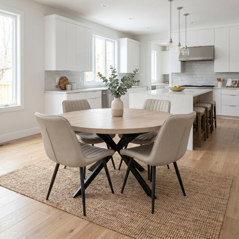 Modern kitchen and dining area featuring the Dalton Table with 4 Lyra Chairs, a vase with greenery, a woven rug, white cabinets, a kitchen island with stools, and plenty of natural light.