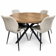 The Panama Table + 4 Lyra Chairs set includes a round wooden table with a black metal base and four beige upholstered chairs with vertical stitching and black metal legs, all shown against a white background.