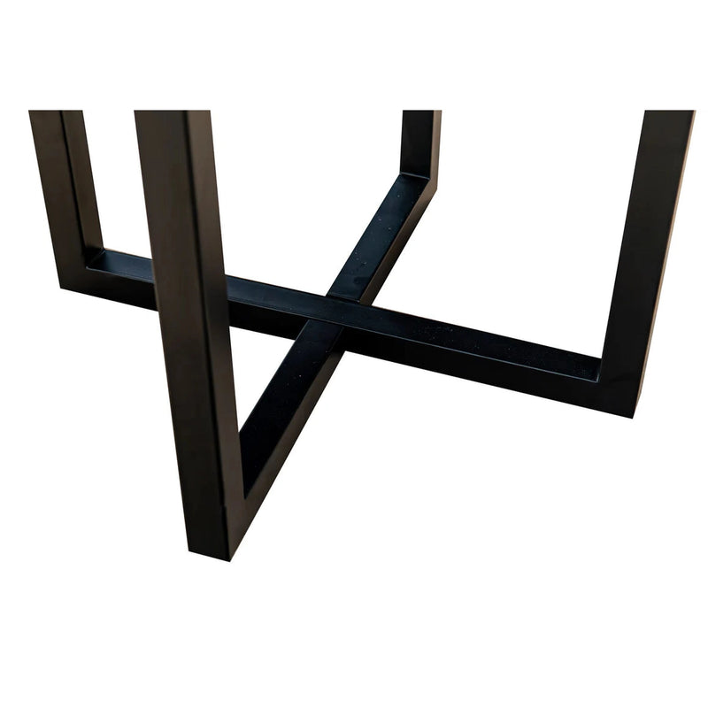 Close-up of the black metal legs of the New Jersey Dining Table, forming an intersecting rectangular frame on a white background.