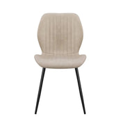 The Lyra Dining Chair is a modern upholstered beige dining chair with a curved backrest, vertical stitching, and slim black metal legs. Photographed against a plain white background.