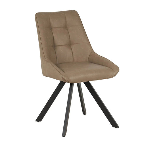 The Pedro Dining Chair features tan upholstery, a cushioned tufted backrest and seat, black angled metal legs, and a sleek armless design for a modern look in any dining space.