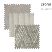 Three square fabric swatches in neutral shades are overlapping—featuring a light gray pattern on top, solid cream in the middle, and gray diagonal lines on the bottom—each perfectly suited for the Henley Sofa’s contemporary or modular design. The partially visible STONE w/ accent highlights the versatile appeal of chenille fabric for this sofa.