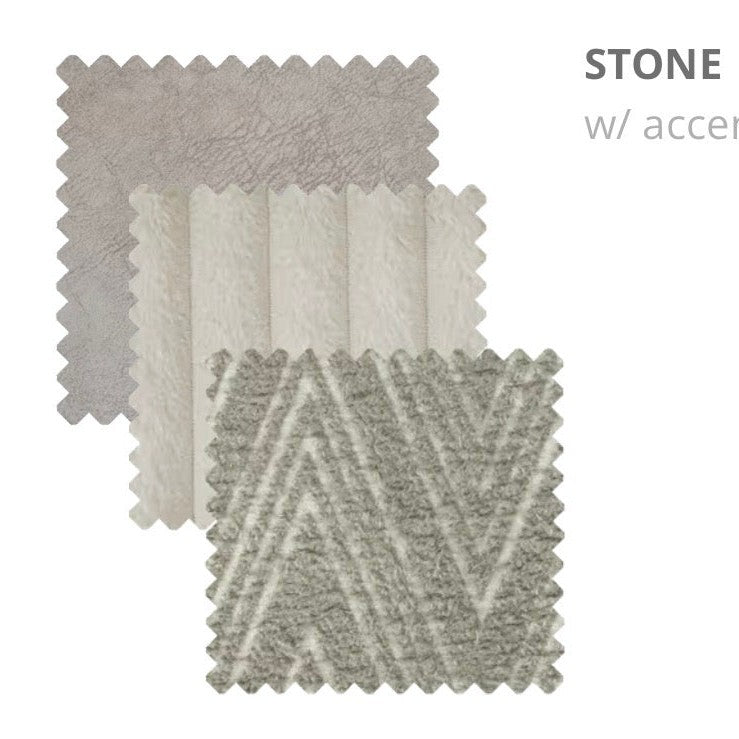 Three square fabric swatches in neutral shades are overlapping—featuring a light gray pattern on top, solid cream in the middle, and gray diagonal lines on the bottom—each perfectly suited for the Henley Sofa’s contemporary or modular design. The partially visible STONE w/ accent highlights the versatile appeal of chenille fabric for this sofa.
