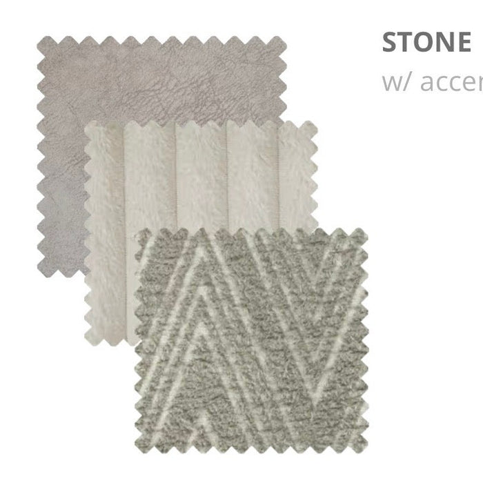 Three Henley fabric swatches labeled STONE for contemporary sofas: plain light gray, cream with subtle vertical lines, and gray with a zigzag geometric pattern—ideal for modern living room furniture.