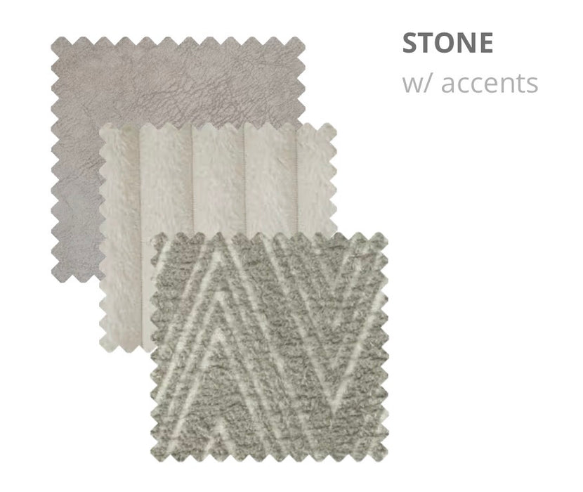 Three Henley fabric swatches labeled STONE for contemporary sofas: plain light gray, cream with subtle vertical lines, and gray with a zigzag geometric pattern—ideal for modern living room furniture.
