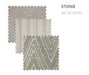 Three Henley fabric swatches labeled STONE for contemporary sofas: plain light gray, cream with subtle vertical lines, and gray with a zigzag geometric pattern—ideal for modern living room furniture.