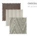 Three fabric swatches overlap: a dark brown textured, a light cream ribbed, and a grey-beige geometric pattern—ideal for modern sofa or living room furniture. Text reads "Henley CHOCOLATE w/ accents" in the top right corner.