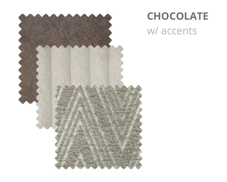 Three fabric swatches overlap: a dark brown textured, a light cream ribbed, and a grey-beige geometric pattern—ideal for modern sofa or living room furniture. Text reads "Henley CHOCOLATE w/ accents" in the top right corner.