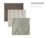 Three fabric swatches overlap: a dark brown textured, a light cream ribbed, and a grey-beige geometric pattern—ideal for modern sofa or living room furniture. Text reads "Henley CHOCOLATE w/ accents" in the top right corner.