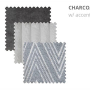 Three fabric swatches for the Henley Sofa: one dark charcoal, one light gray, and one light gray with diagonal and chevron-striped accents—each perfect for a contemporary or modular design. Text on the right reads CHARCOAL w/ accent.
